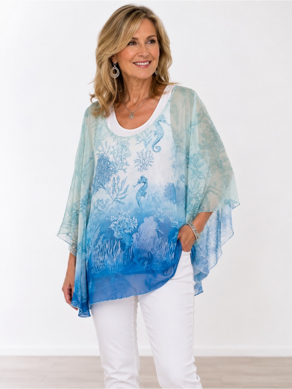 One World Live and Let Live Ocean Seahorse Chiffon Poncho Top Blue Aqua